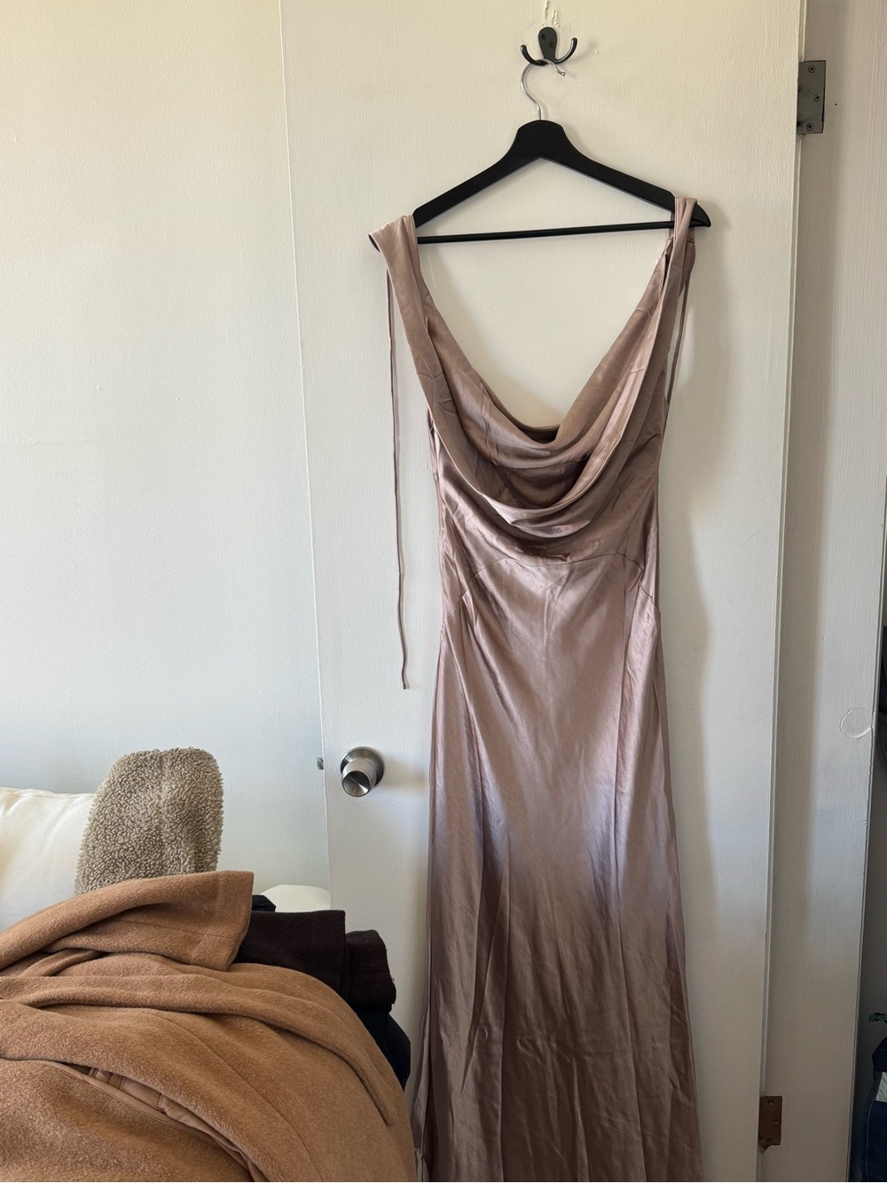 Meshki Satin Cowl Slip Dress in Taupe